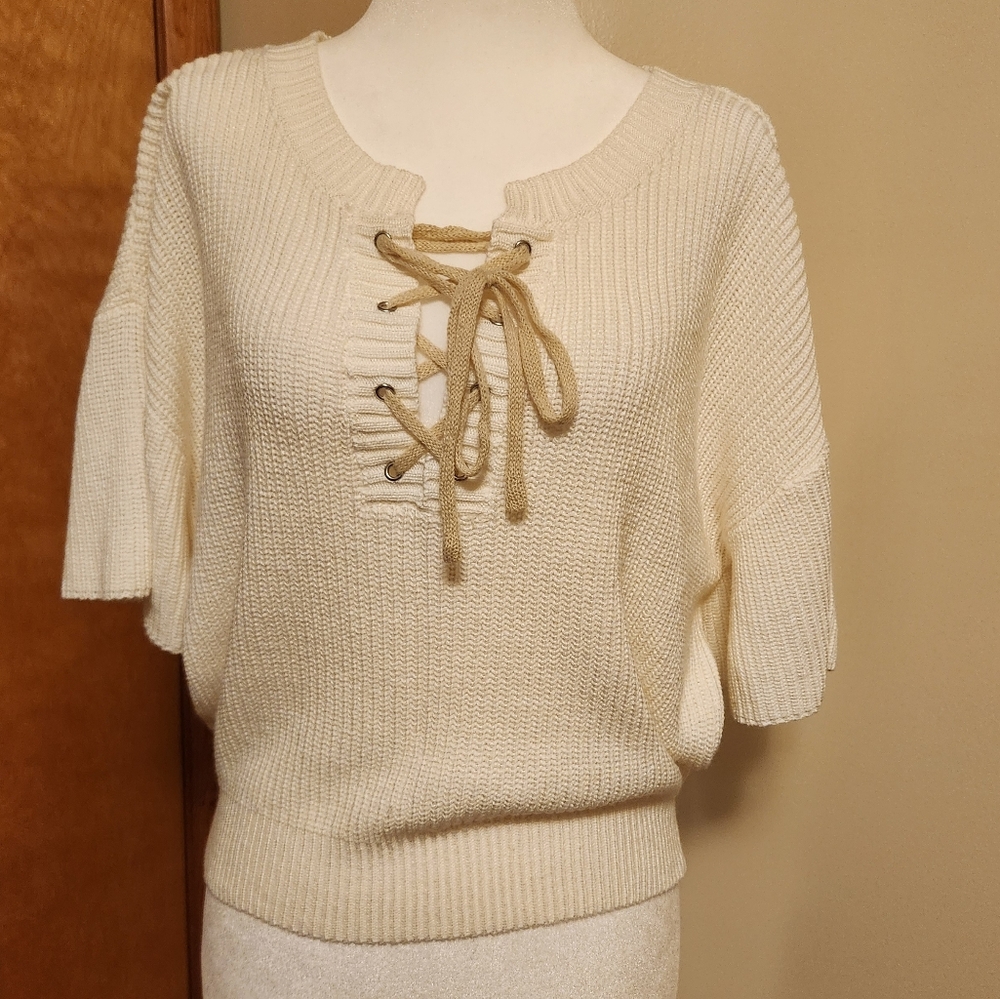 Moon River Cream Lace-Up Sweater